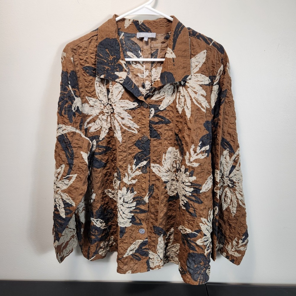 Habitat Button Up Brown Floral Womens L Lagenlook Artsy Boxy